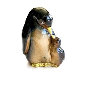Penguin figurine glazed pottery blue brown 5" tall decor